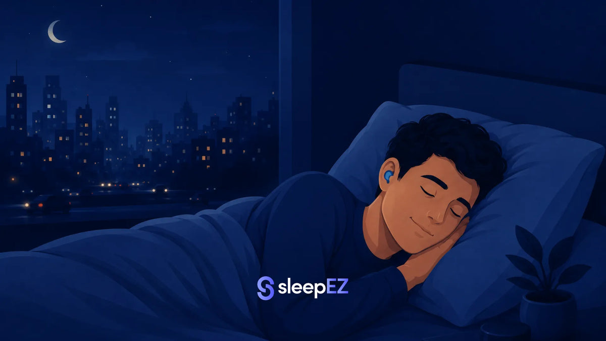 A flat vector illustration of a person sleeping peacefully in bed wearing comfortable silicone earplugs