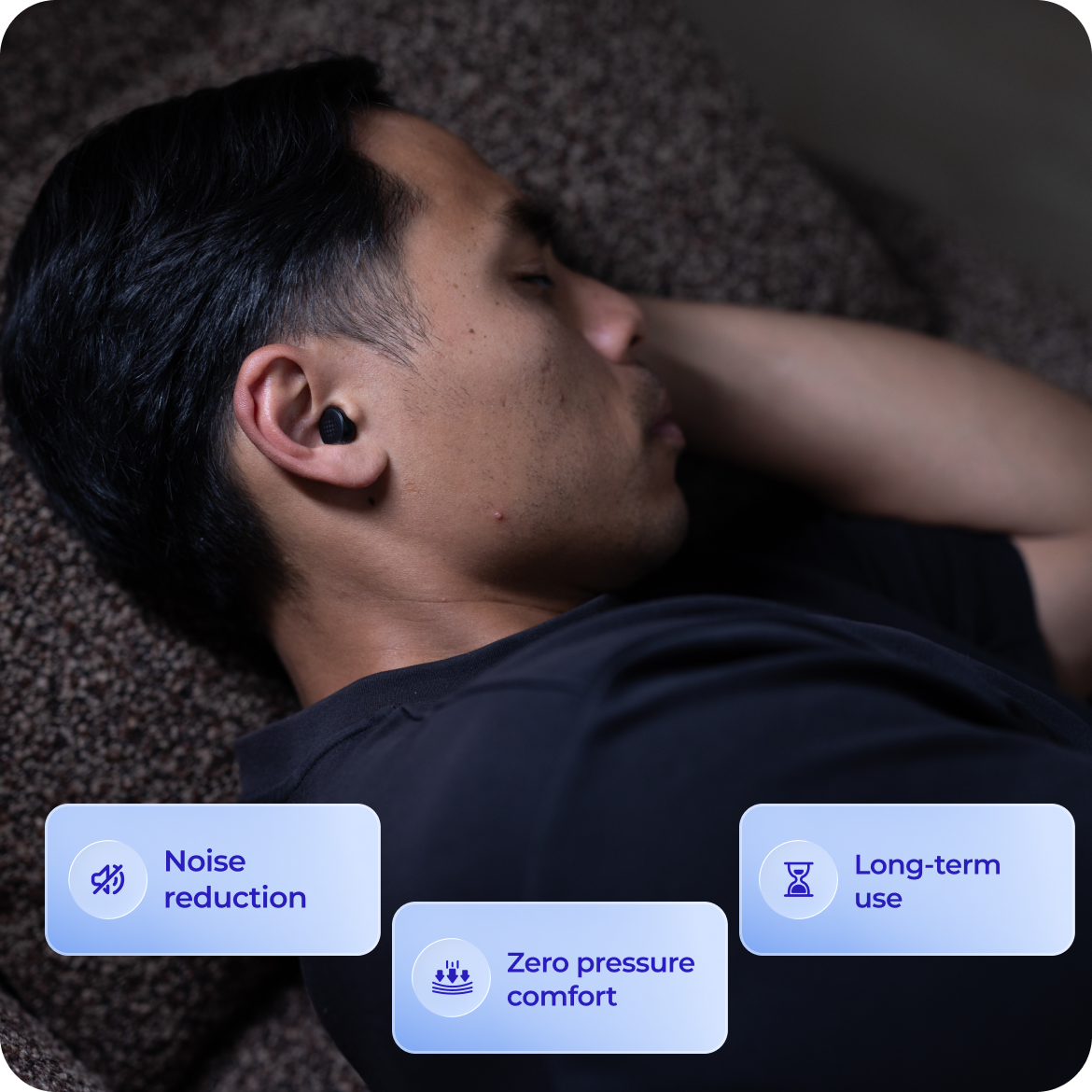 Man lying down with earbuds, text on comfort and use features.