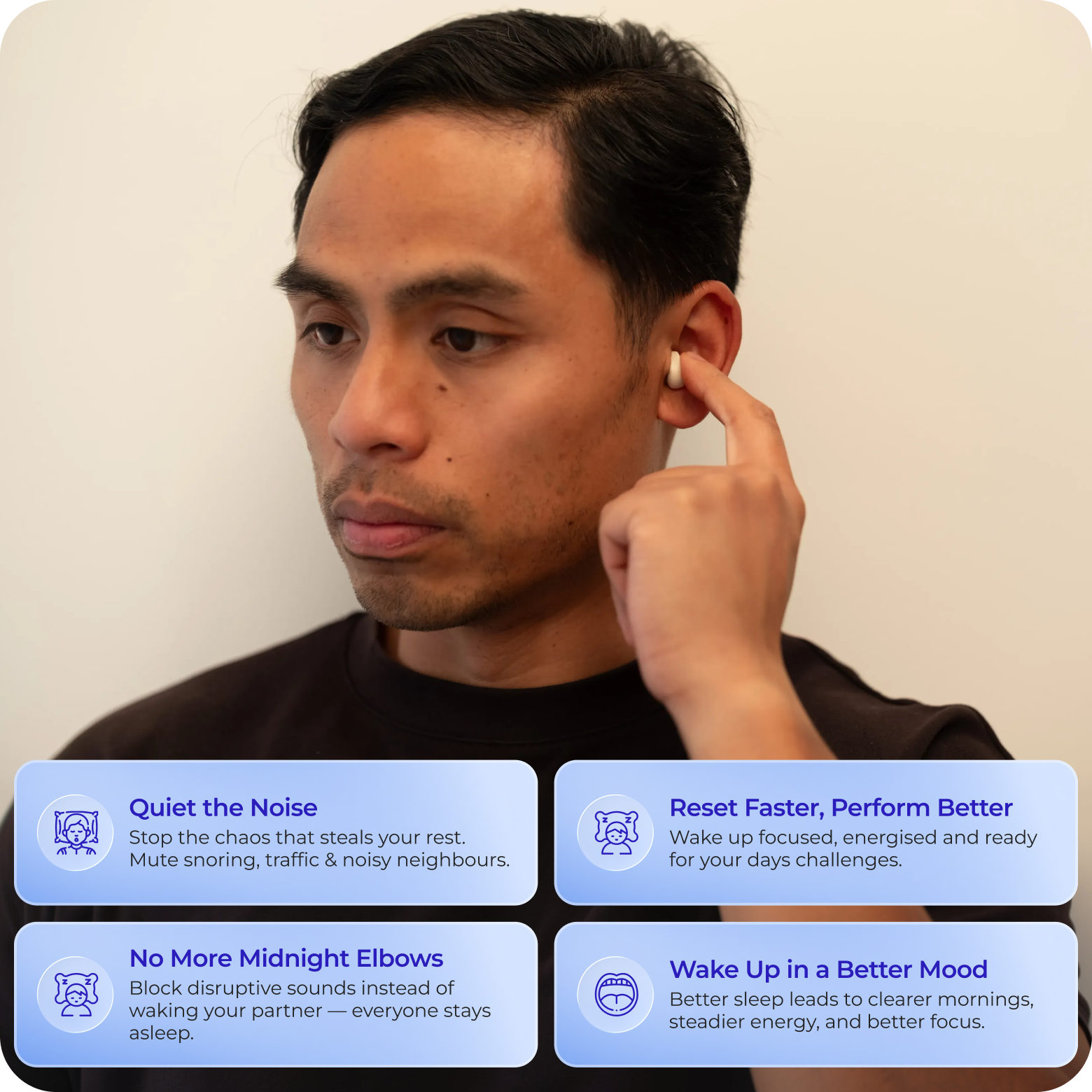 Man wearing a white earbud with product features displayed on a beige background