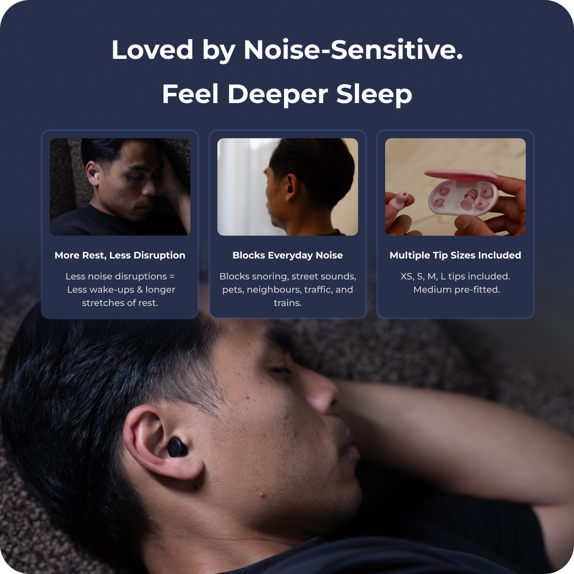 Person wearing an ear device with text about noise-sensitive sleep aid, including features like less disruption and deeper sleep.