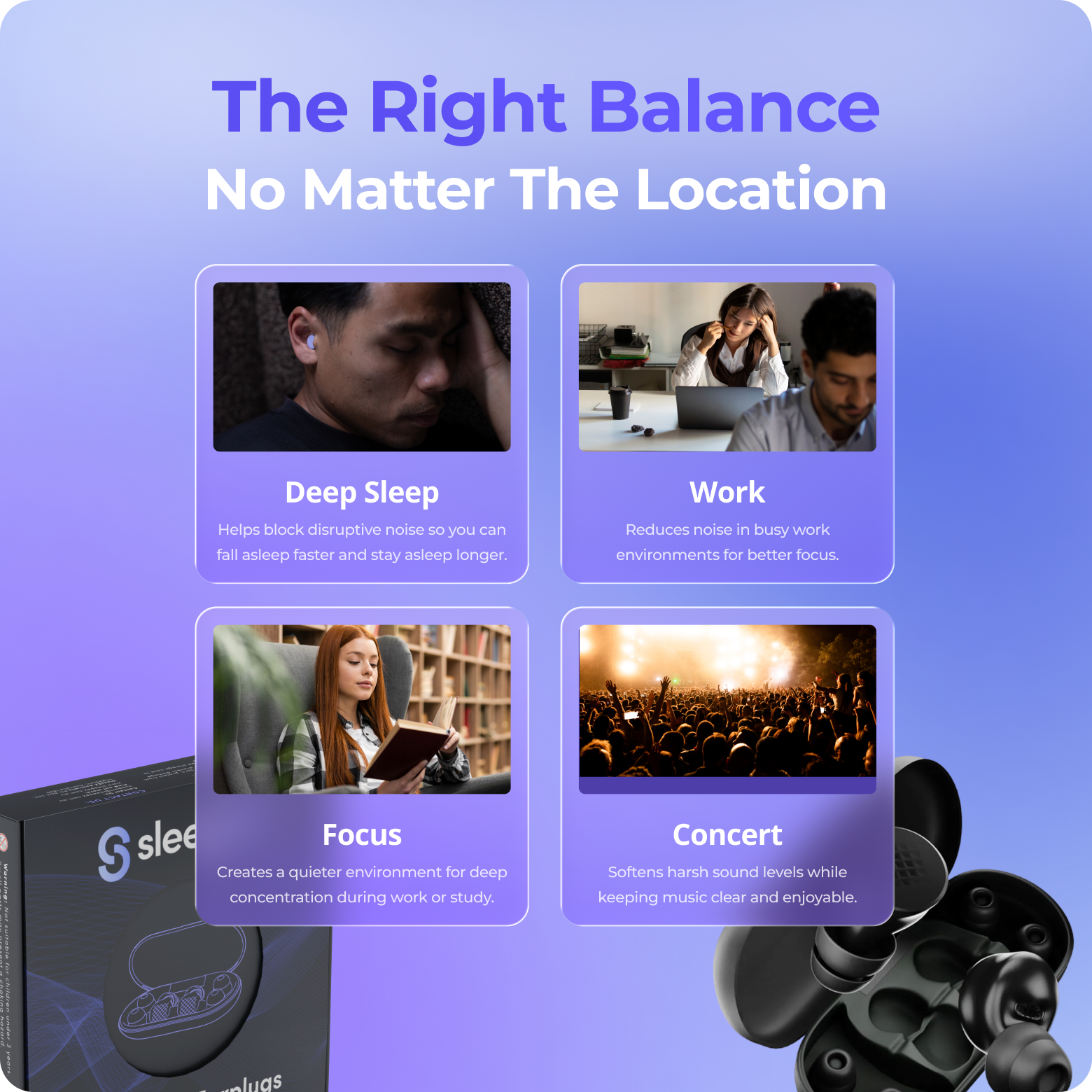 Product advertisement for earplugs with text on different usage scenarios on a blue background.