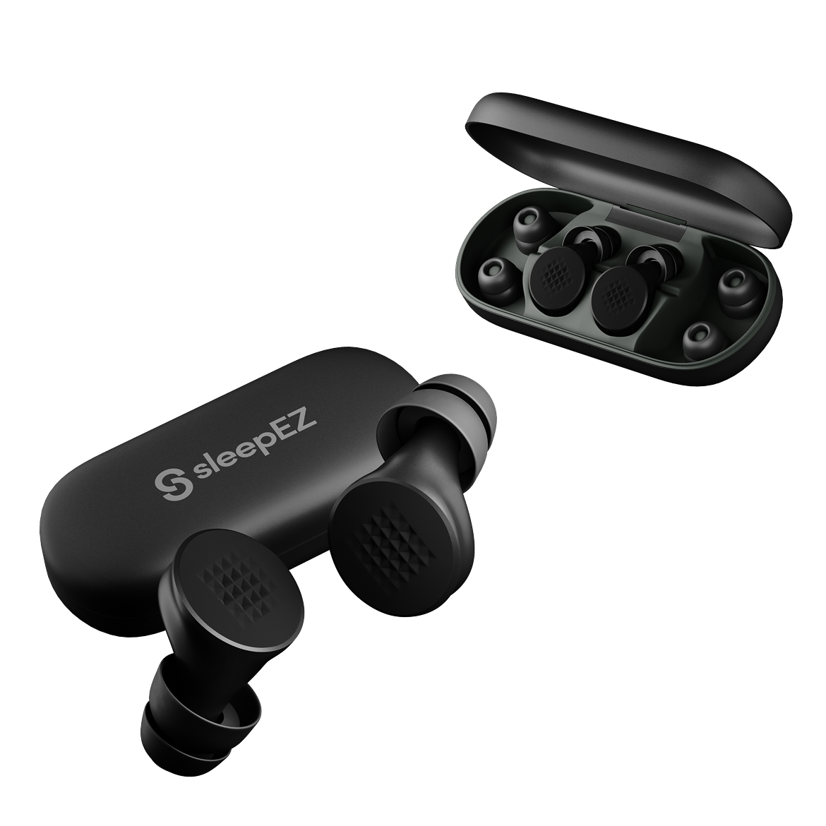 Black earplugs with 'sleepEZ' branding on a white background