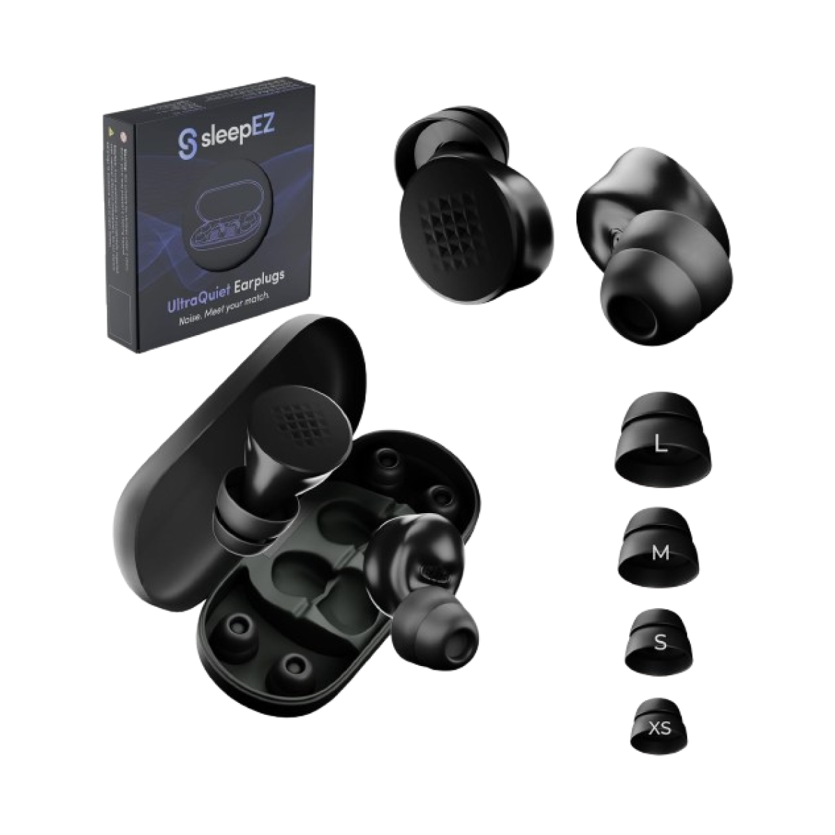 Black earplugs with SleepEZ packaging and size indicators on a white background