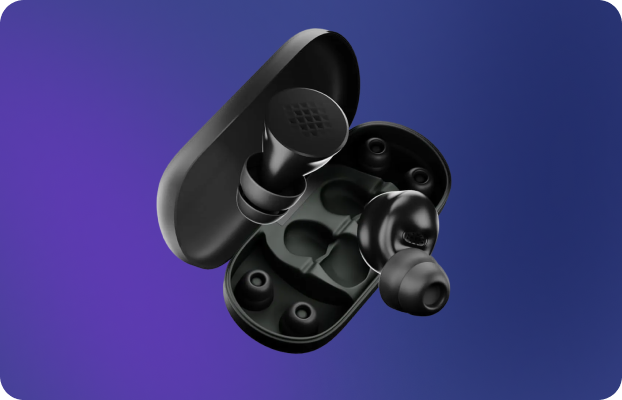 Black earplugs from sleepez in a charging case on a blue gradient background