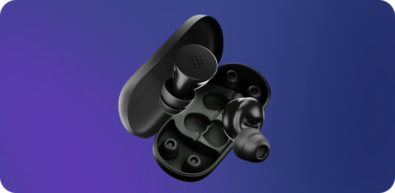 Black earplugs on a gradient blue background