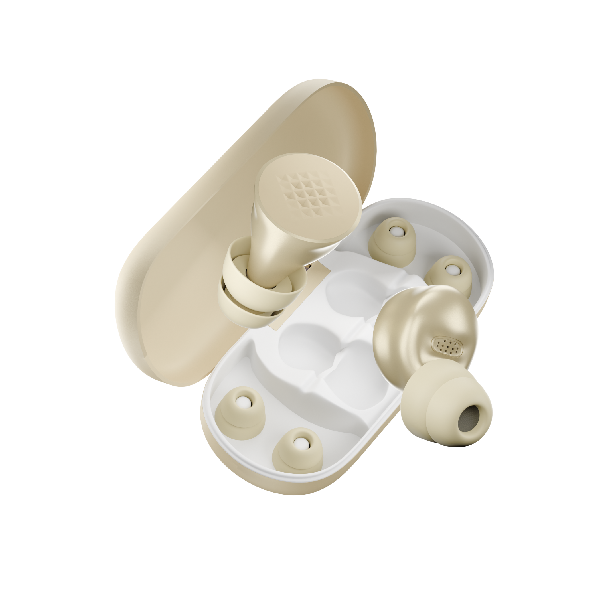Beige ultraquiet earplug charging case on a white background