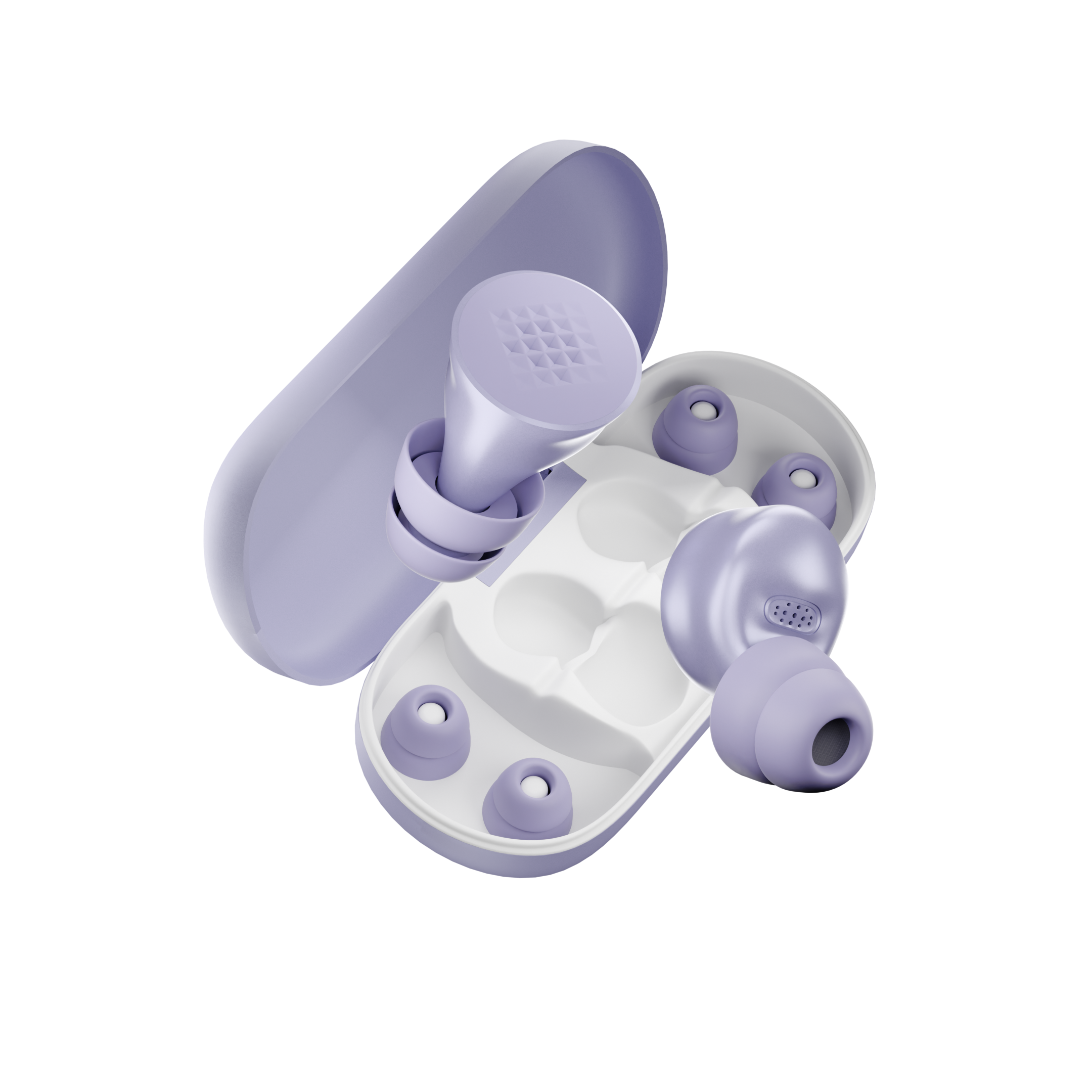 Purple ultraquiet earplug on a white background