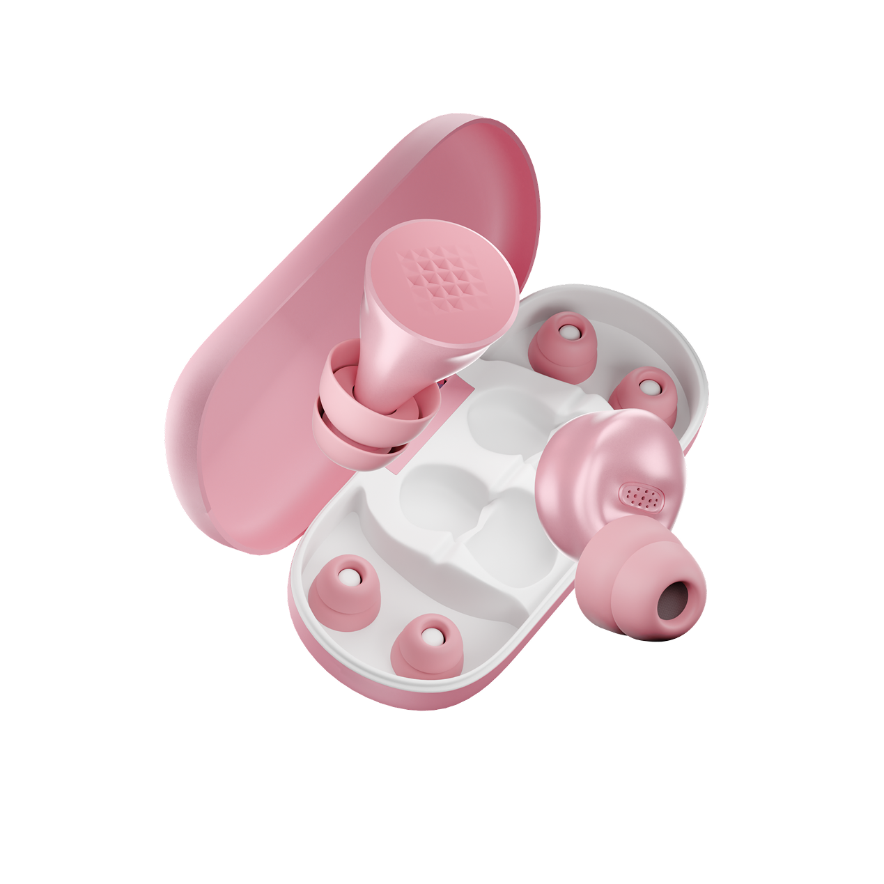 Pink and white ultraquiet earplug set on a white background