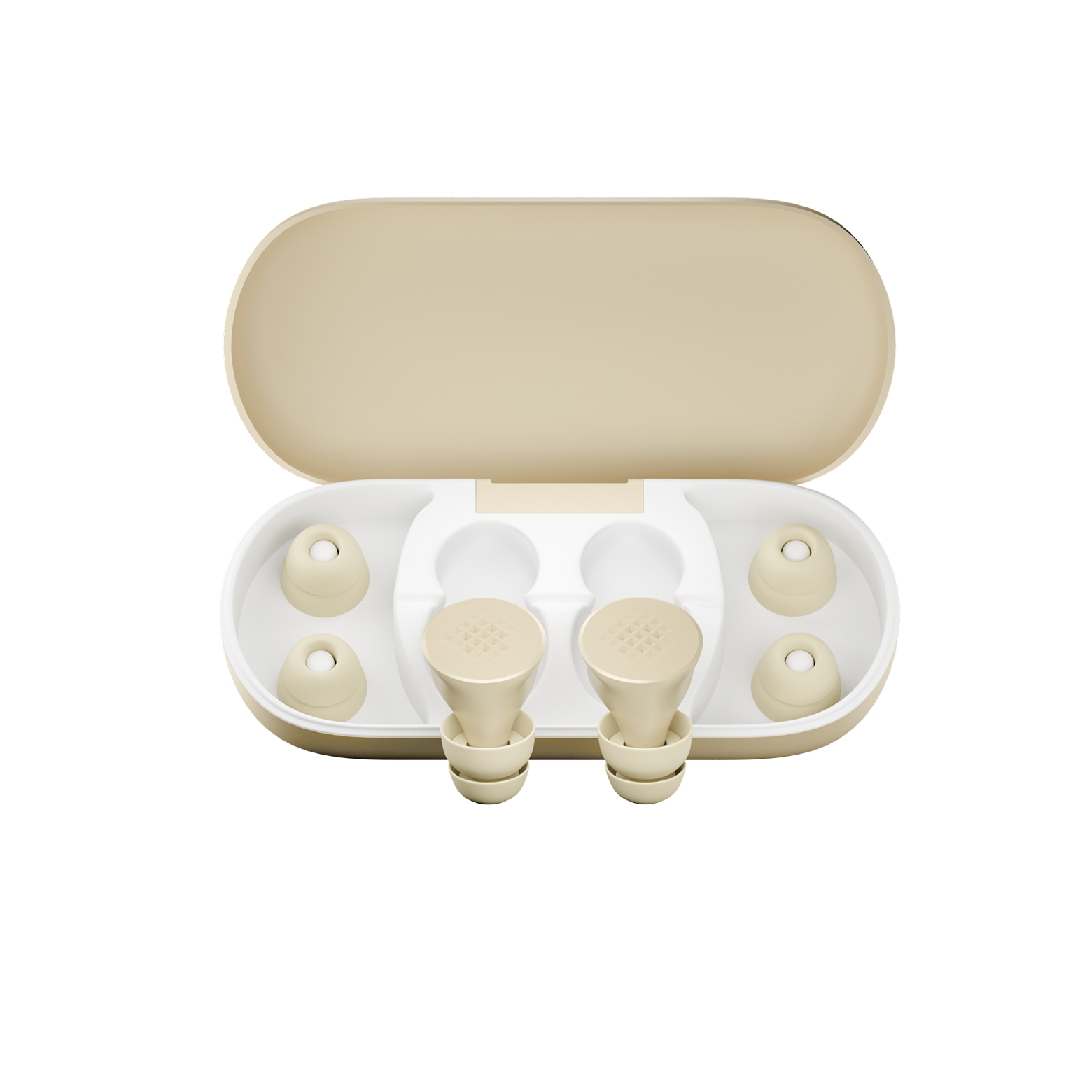 Beige and white earplugs from sleepez with open case on a white background