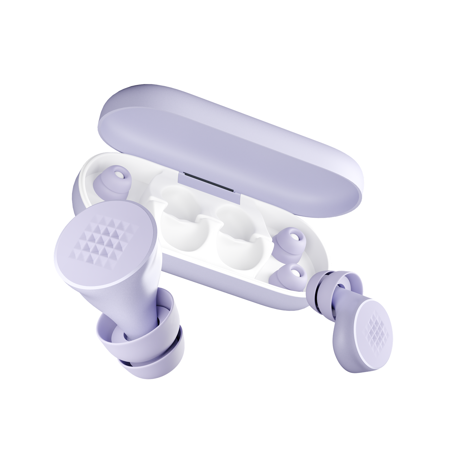 Purple earplugs with charging case on a white background