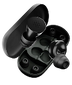 Black earplugs with a small microphone on a white background